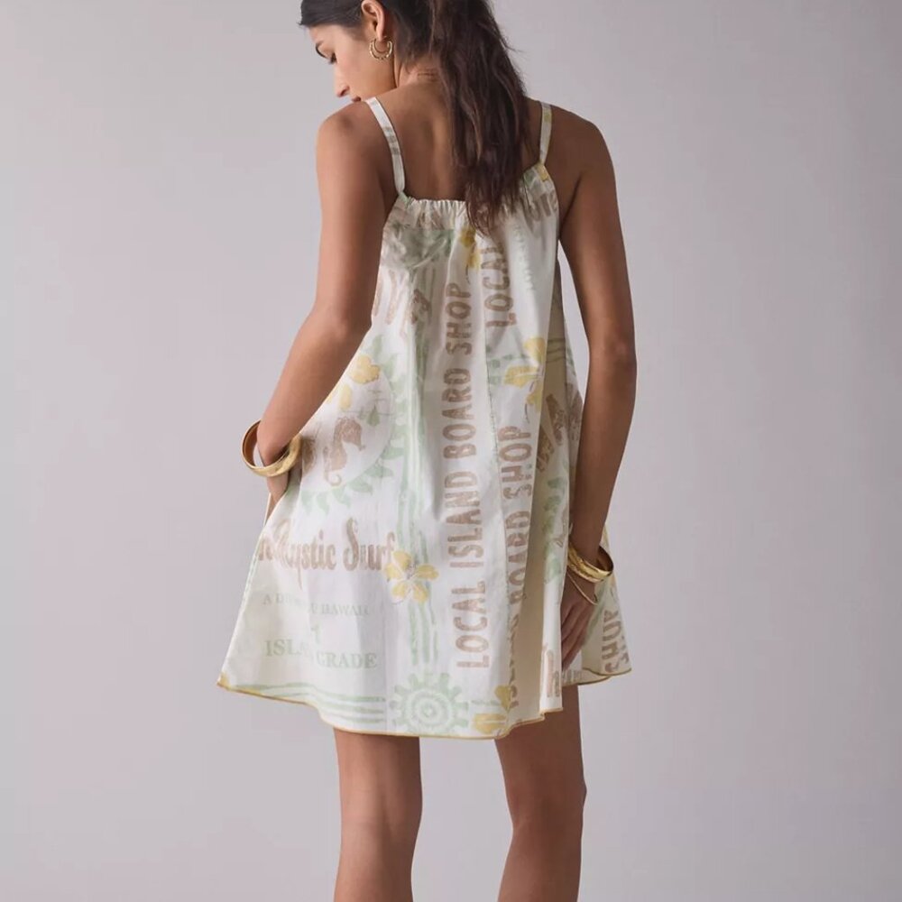 BDG Eva Tie-Front Ruched Strap Trapeze Mini Dress (Surfer Pattern) Small NWT - Picture 2 of 11